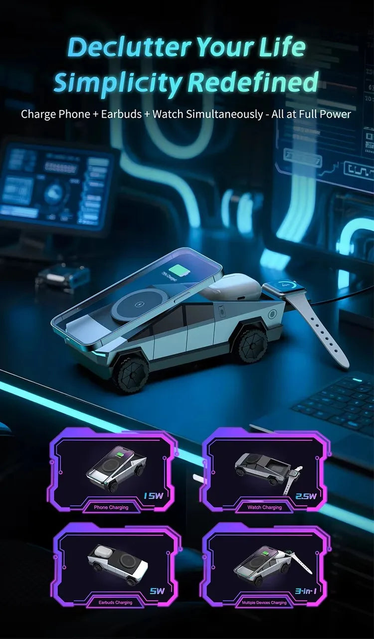 CyberDock Qi2 3-in-1 Wireless Charging Station — Desktop Stand for iPhone, AirPods & Watch