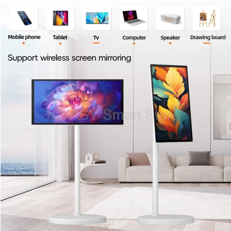 Touch Screen 21.5 24 Inch Smart TV with Floor Stand Monitor Mobile Stand Battery for Fitness Home Office Wireless Casting Audio