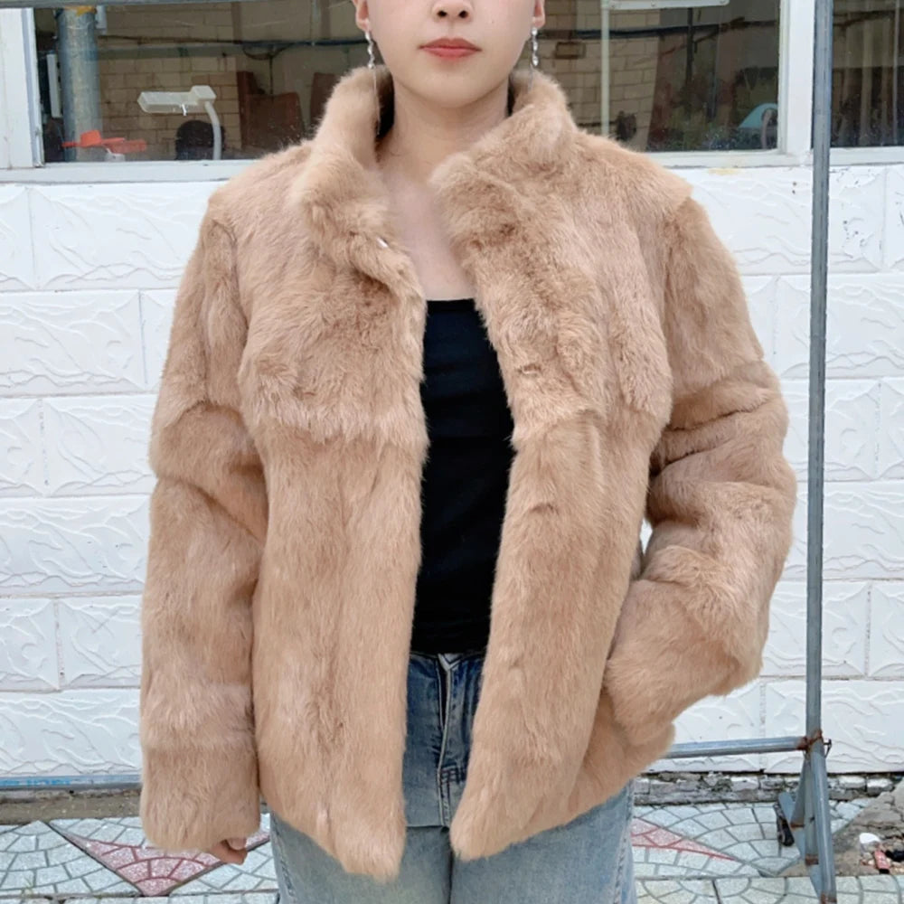 Natural Rabbit Fur Coat Women Winter Jacket Real Leather And Fur Bolero Women's Clothing Female Outerwears With 2025 Black Cold