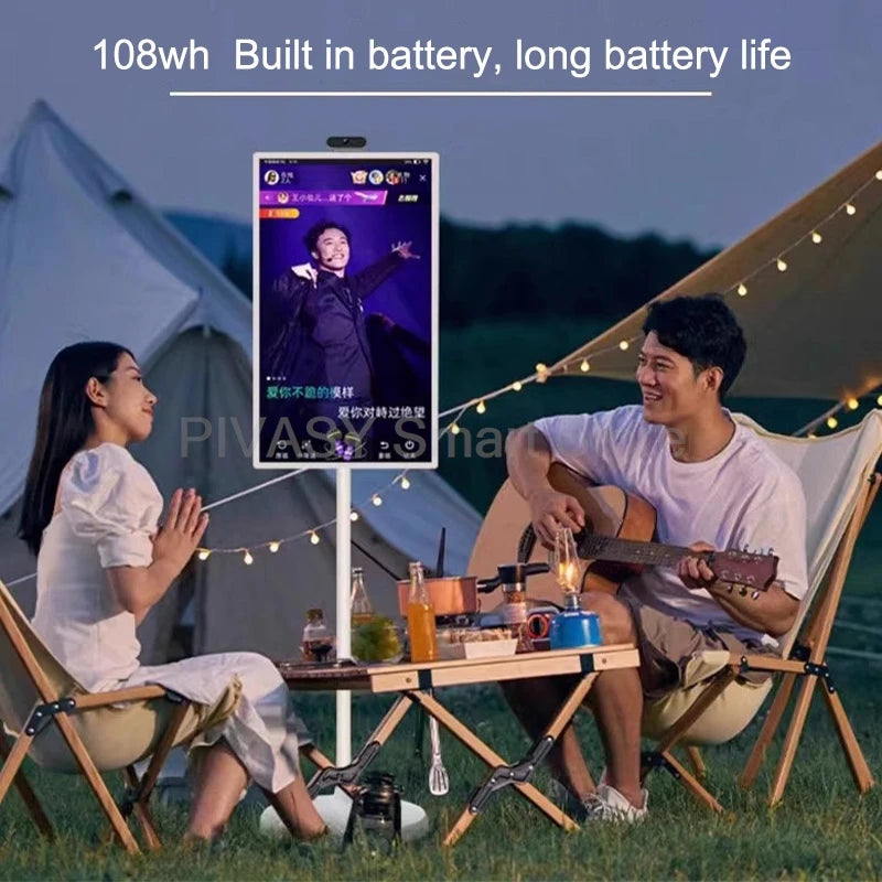 21.5 Inch Tablet Smart TV on Wheeled Stand Android 11 6000mAh Battery Inbuilt 8-core Rotatable Screen Movable for Outdoor Live