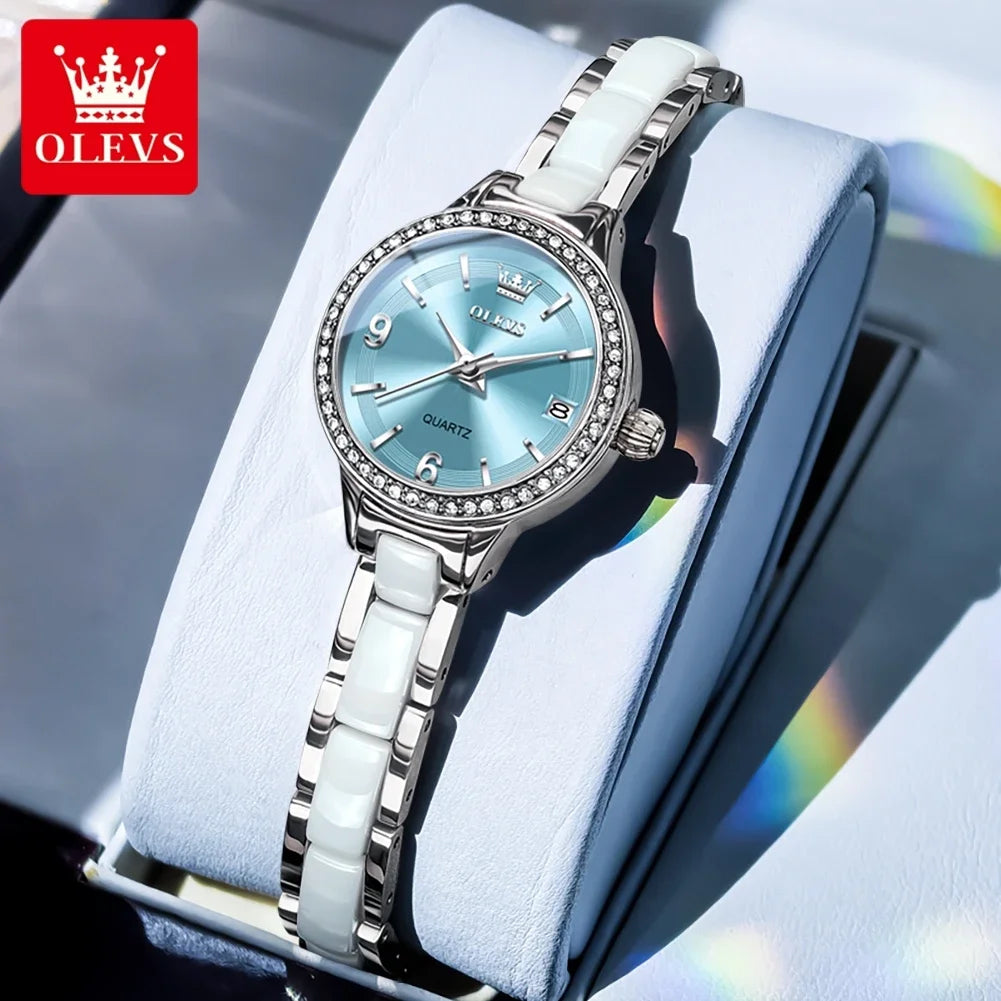 OLEVS Luxury Quartz Watch Women Elegant Ceramics Strap Waterproof Auto Date Luxury Lap Ladies Watches 7093