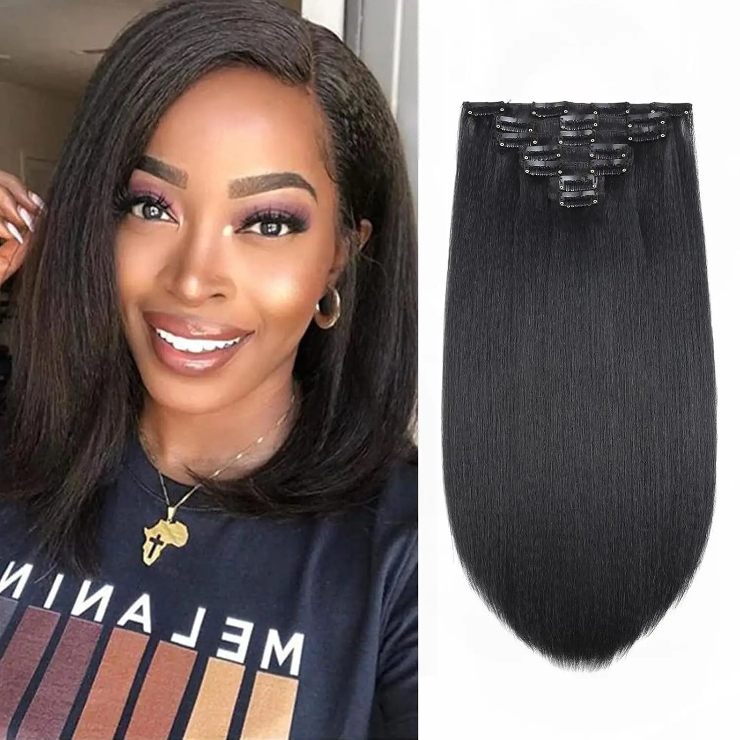 Kinky Straight Clip ins Hair Extensions Natural Black Full Head Yaki Straight Seamless Clip in Synthetic Hair Pieces for Women
