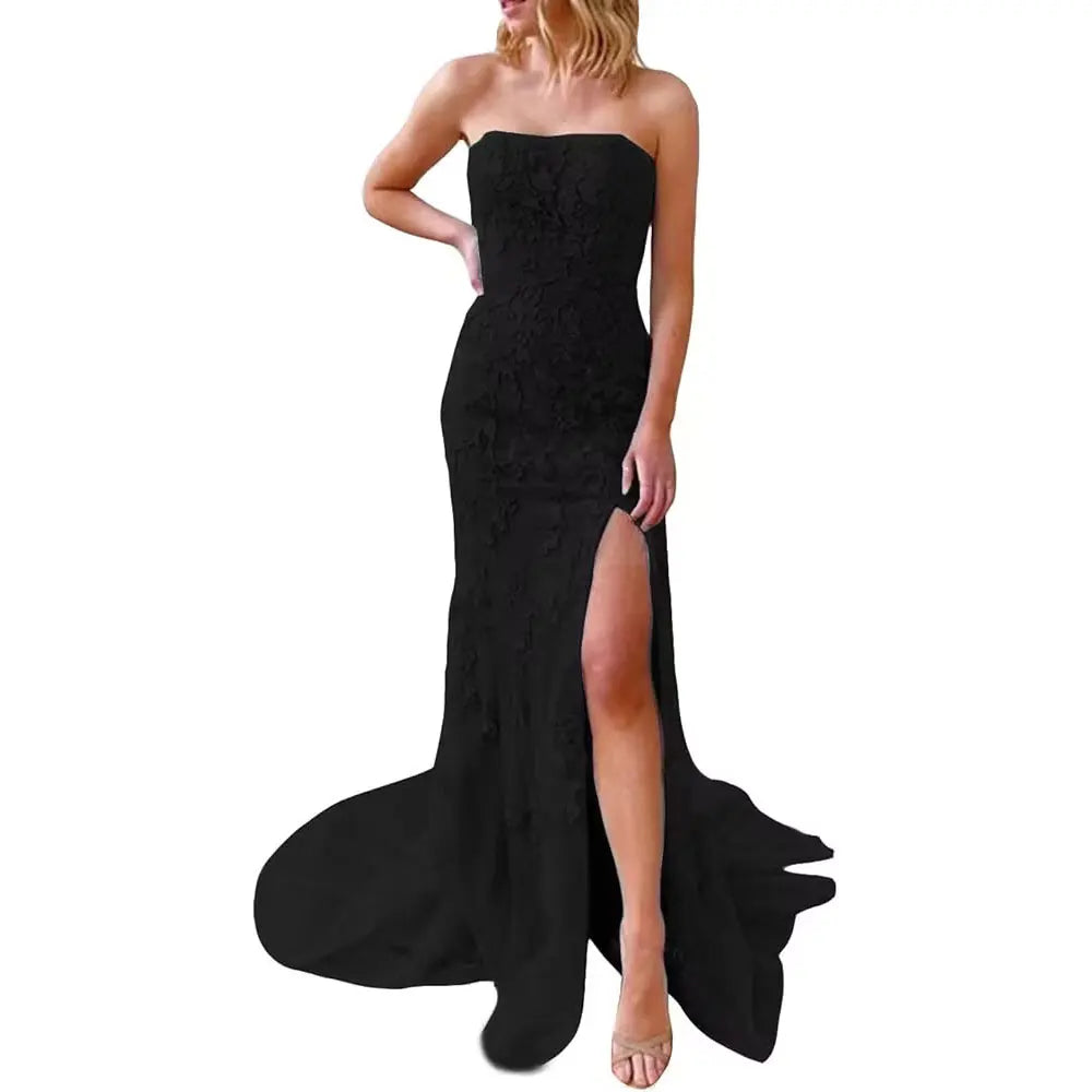 Customized Lace Appliques Strapless Prom Dresses Sexy Mermaid Side Slit Formal Evening Party Gowns Vestido De Fiesta