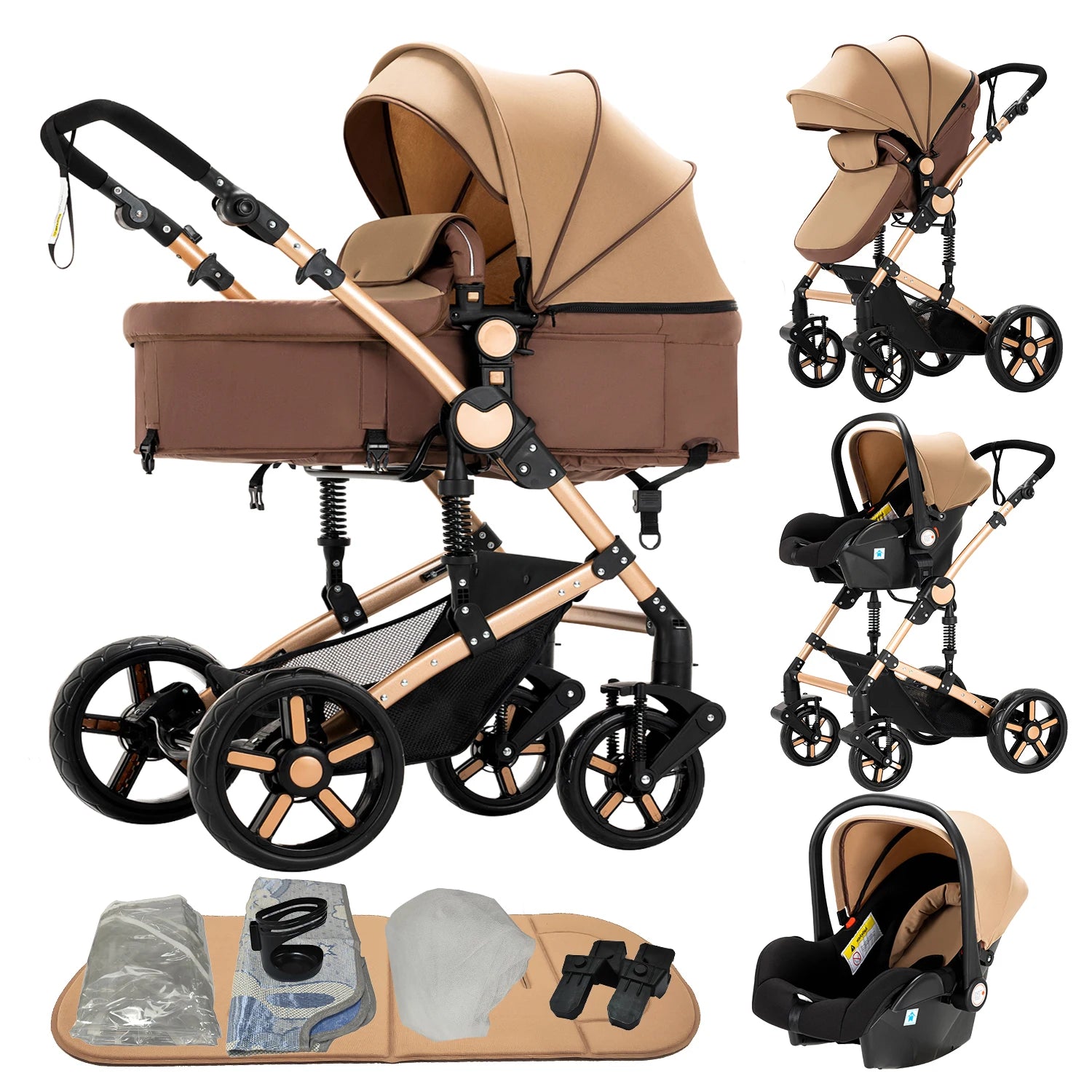 3 in 1 Baby Stroller with Car Seat ISOFIX Compatible 5-Point Harness Shock-Absorbing Wheels Newborn Stroller 0-3Y Lightweight