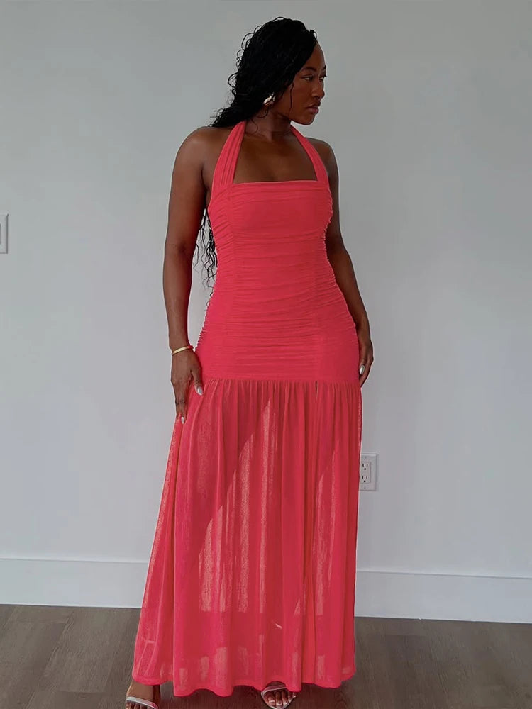 Nibber See Through Hem Dress Women Ruched Halter Summer Trend Sleeveless Backless Patchwork Midnight Clubwear Party Maxi Bodycon