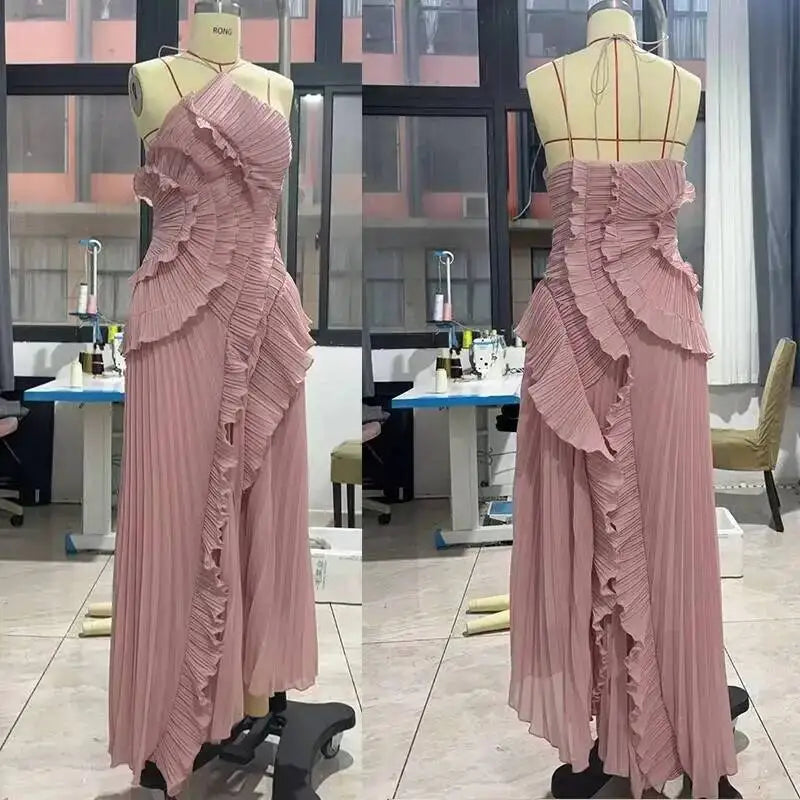 Giyu Sexy Evening Party Dresses Women Summer Halter Prom Gown Ruffles Lotus Edge Tiered Backless Robe Elegant Chiffon Long Dress