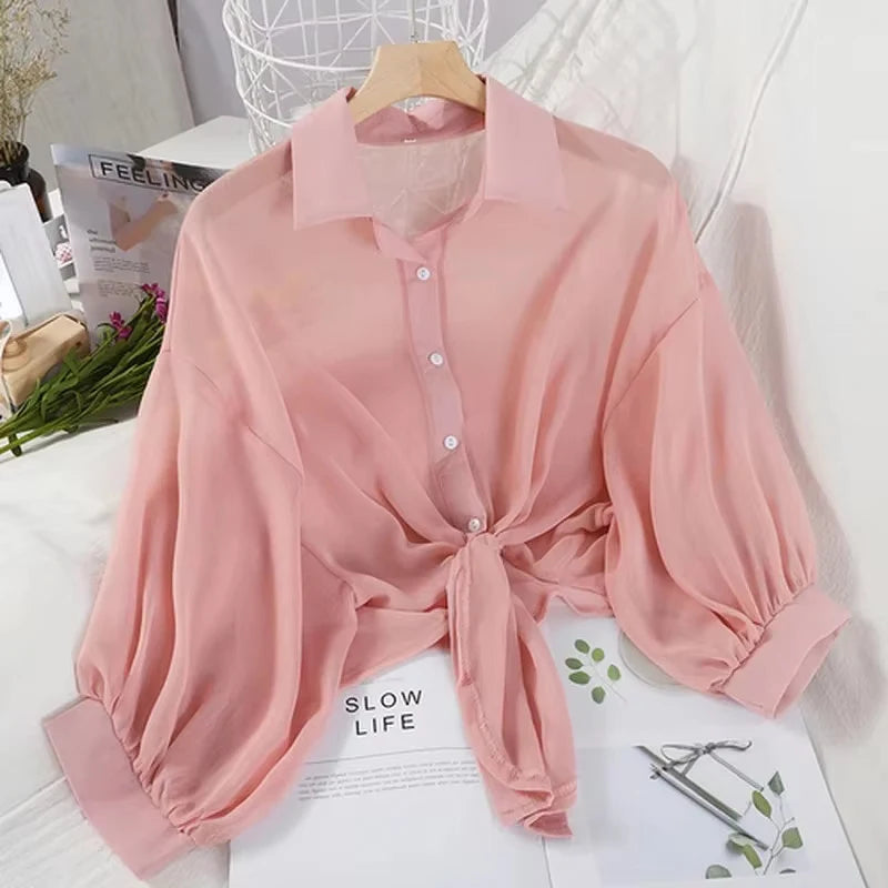 Women Summer Bat Half Sleeve Chiffon Shirt Casual Loose Button Hollow White Clothes Elegant Solid Color Tied Waist Blouse 9776