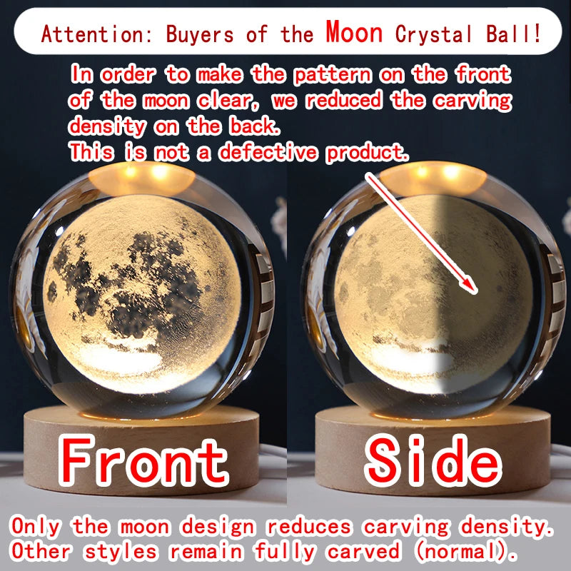 3D Planet Crystal Ball Night Light — USB Powered, Mini 5 cm Glass Globe with Wooden Base