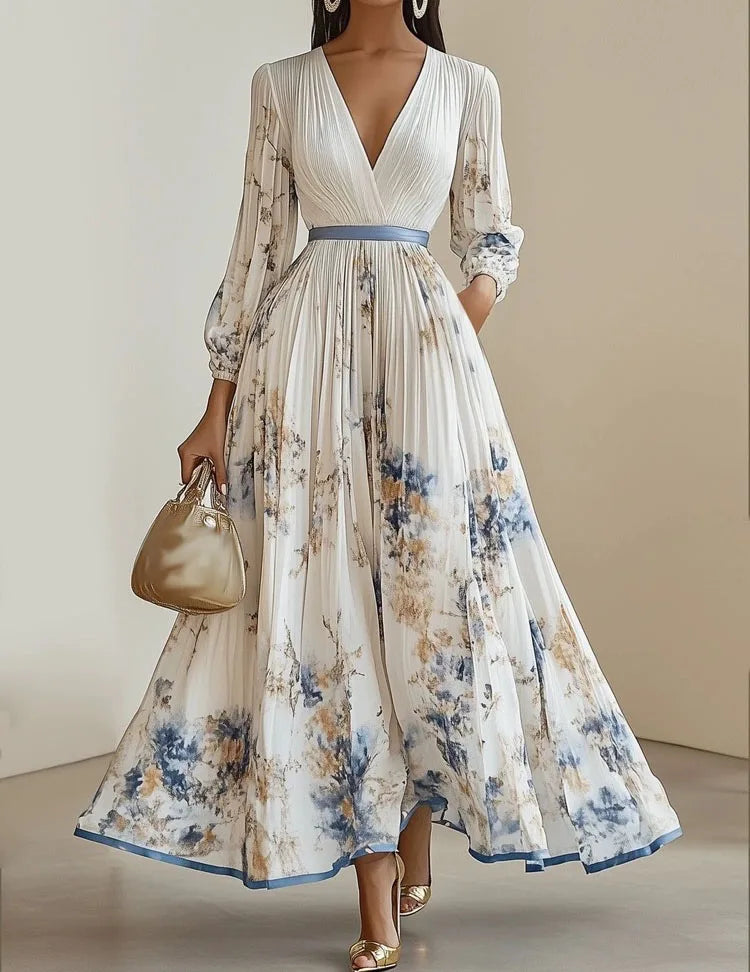 Elegant Print Dress For Women Fashion Long Sleeve V Neck High Waist Lace-up Loose Dresses Robe Femme Holiday Party Clothes New