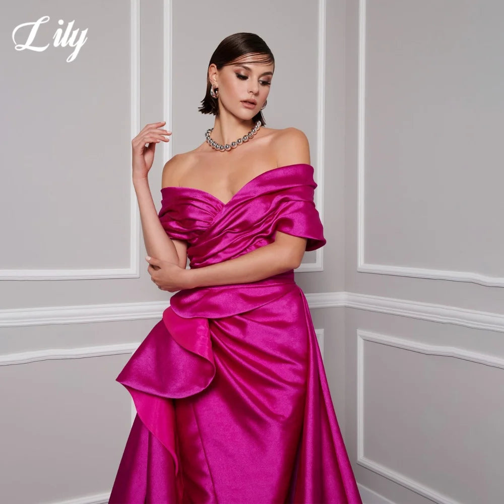 Lily Red Elegant Prom Gown V-Neck Off the Shoulder Party Dress for Woman Satin Pleating Side Split Evening Dresses Customized