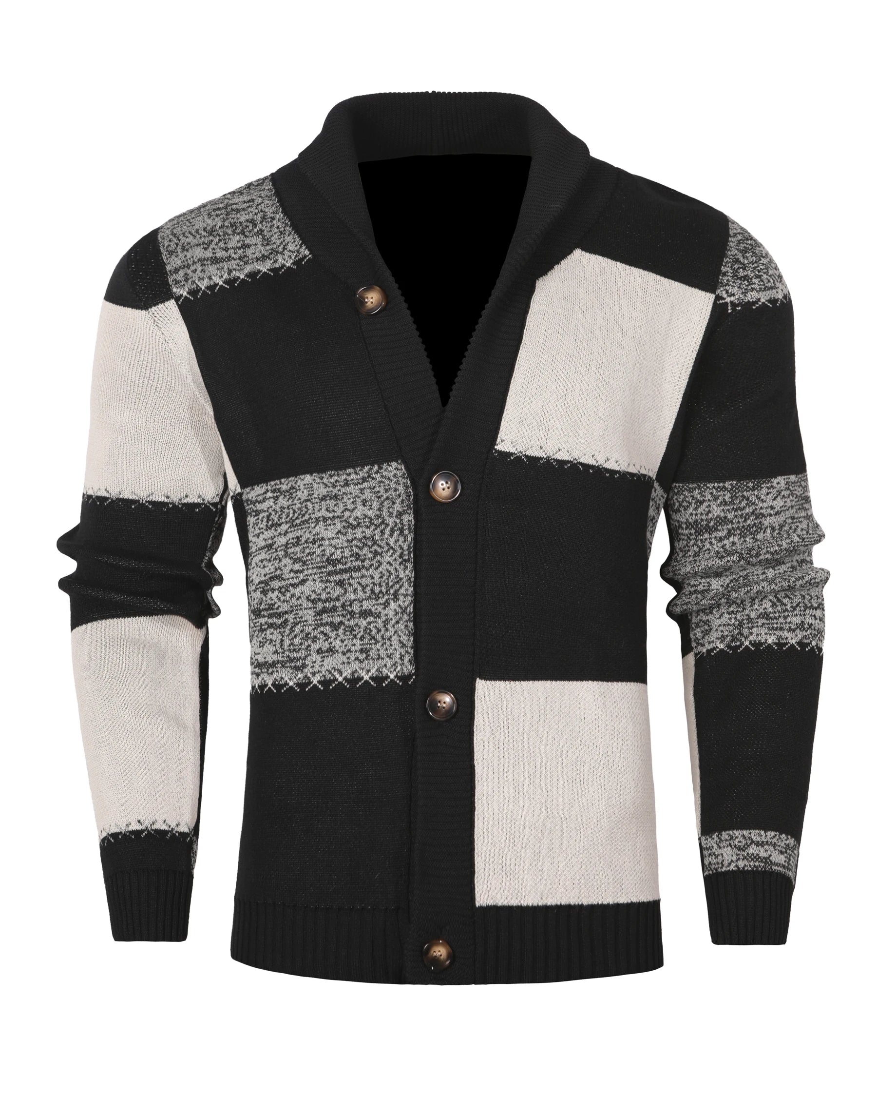 Men's Autumn and Winter Cardigan Sweater, Black-White-Gray Plaid Color Block, Casual and Versatile Knitted Jacket