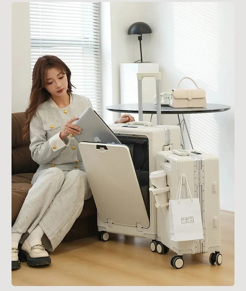 Suitcase Front Opening Pocket Aluminum Alloy Frame Rolling Luggage with USB Charging Plug Trolley Carry-on Case Bag with Wheel