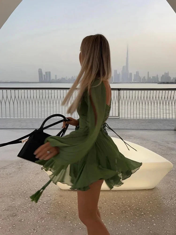 Green Mesh Split Long Sleeve Dress Women Fashion Pleated Lace Up Pleated Hem High Waist Vestidos Lady Vacation Party Gowns 2025