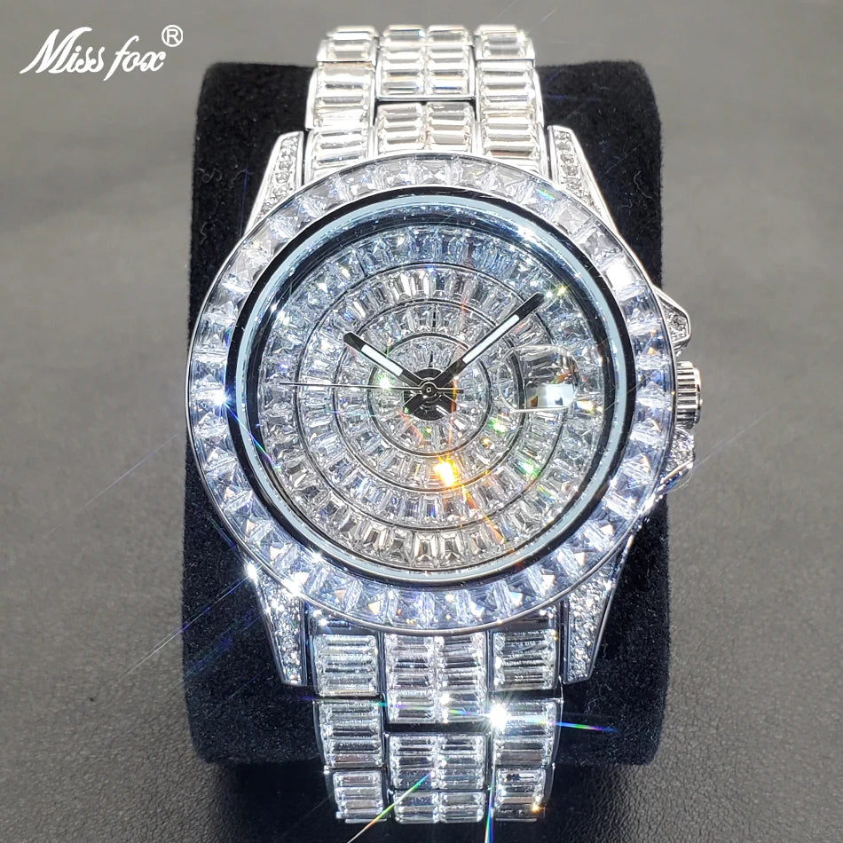 MISSFOX Full Iced-Out Men’s Watch | Luxury Diamond Silver Stainless Steel Quartz with Auto Date