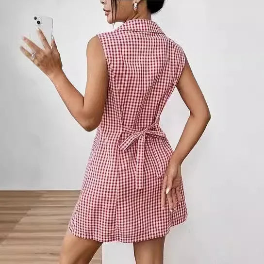 French Retro Plaid Dresses Women Summer New  Sleeveless Round Neck Button Up Cocktail Dress Female Bodycon Dresses Vestidos