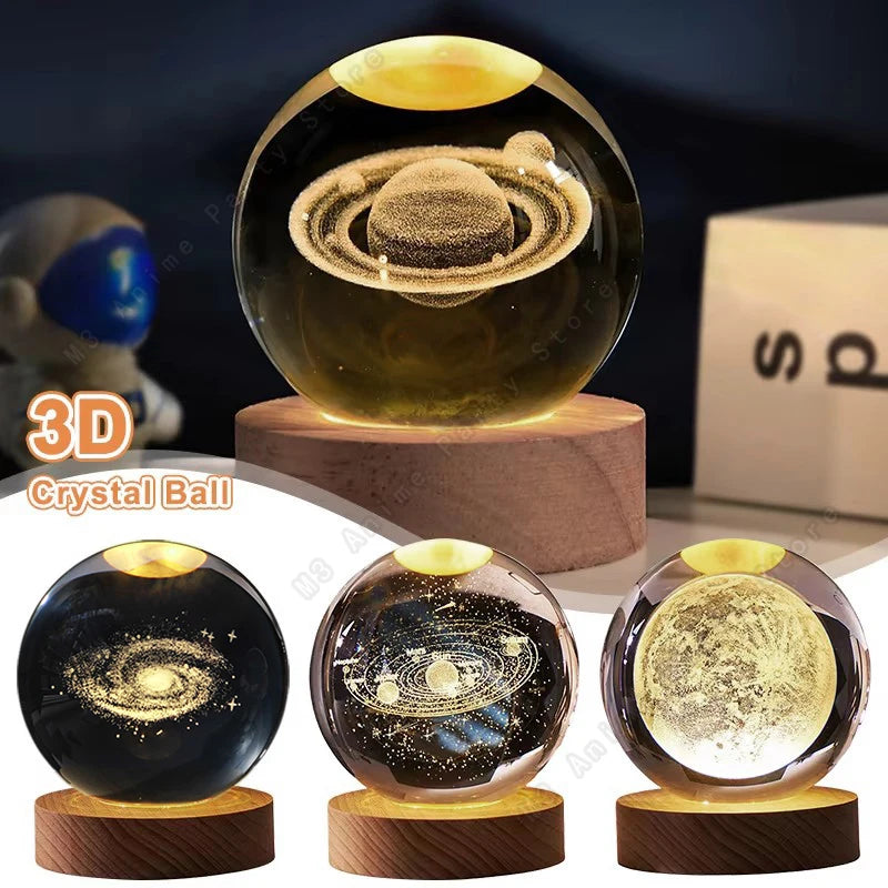 3D Planet Crystal Ball Night Light — USB Powered, Mini 5 cm Glass Globe with Wooden Base