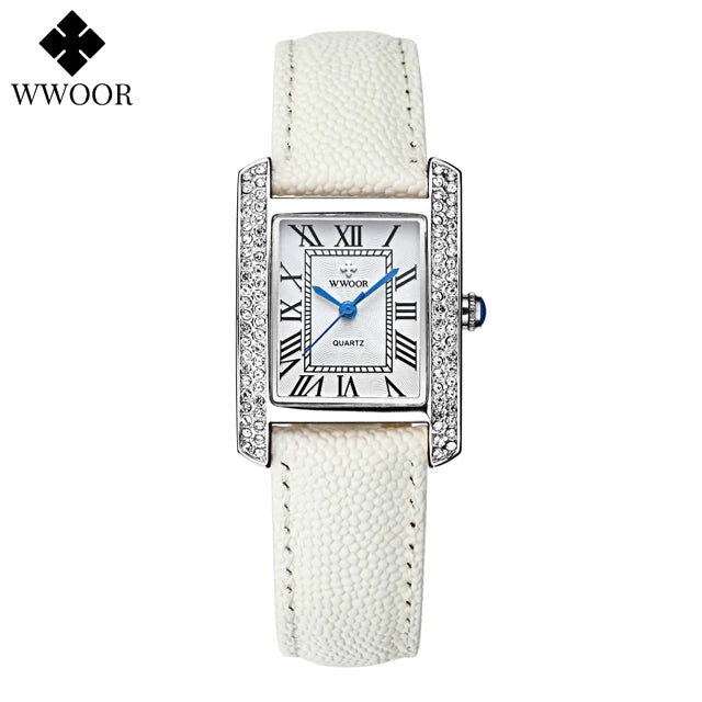 WWOOR Elegant Women's Watches Square Diamond Ladies Watch Waterproof Luxury Brand Leather Quartz Bracelet Watches Zegarek Damski
