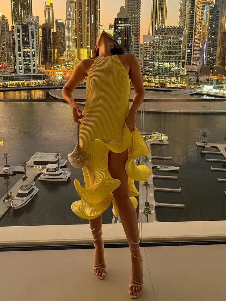 Women Romantic Yellow Halter Maxi Dress Ribbed Knit Ruffled High-slit Slim-fit Vestido 2026 Lady New Spring Trendy Fashion Robes