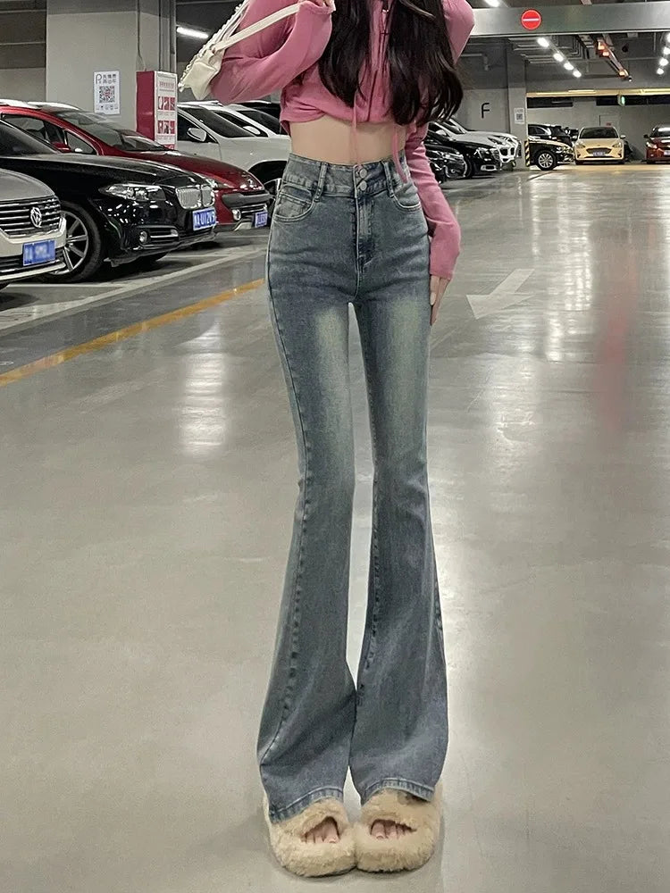 Fce Lined Thiened Autumn Winter American Sle High Waist Slim Fit Drapey Micro Flared Jeans Women's Premium Denim Pants