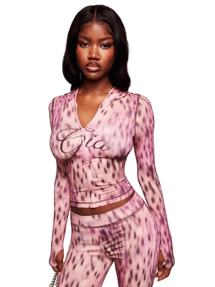 New cross-border INS fashion print trendy street casual leopard print zipper long-sleeved coat and pants set