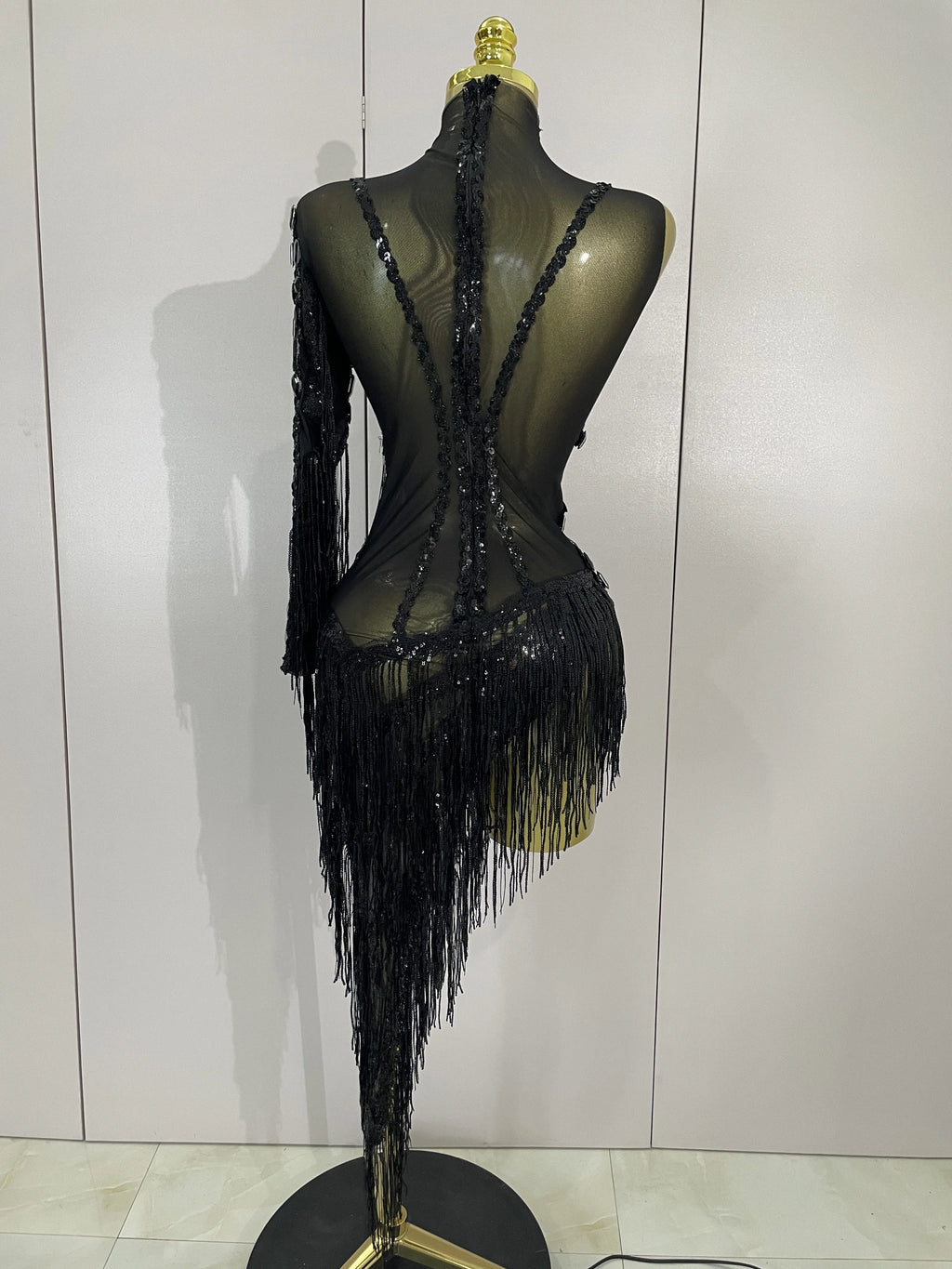New Stage Costume Sparkly Rhinestones Tassel Sexy See-Through Dress Women One Shoulder Latin Dance Bars Nightclub Party Outfits