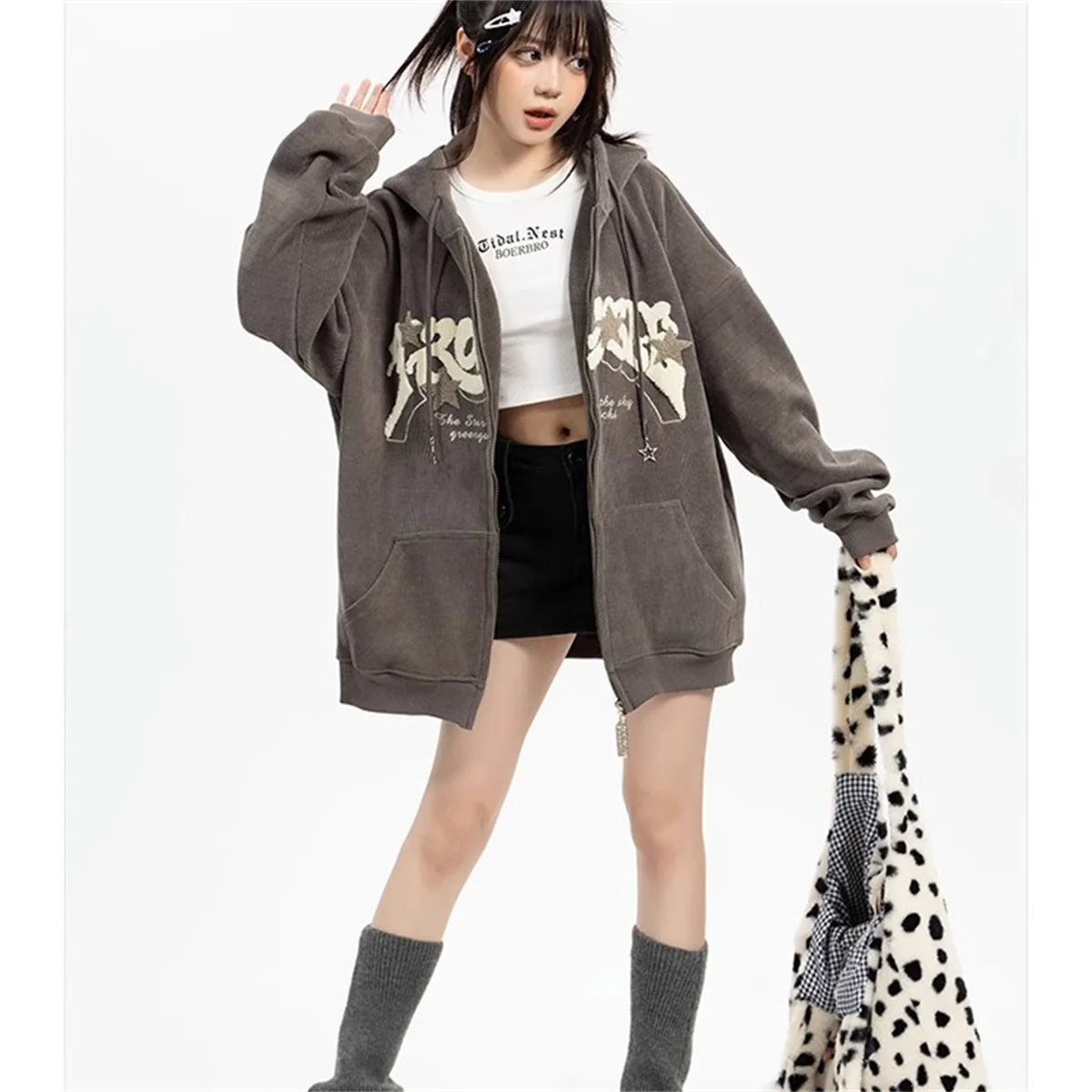 Fashion Embroidery Zip Up Hoodies Women Autumn Long Sleeve Tops Loose Hood Shirt Harajuku Y2K Clothes Female Sweatshirt Jacket