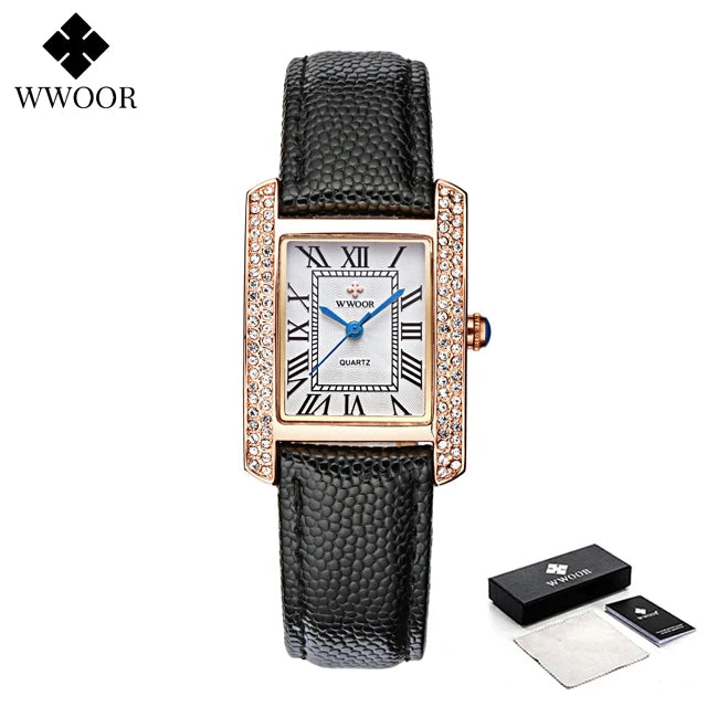 WWOOR Elegant Women's Watches Square Diamond Ladies Watch Waterproof Luxury Brand Leather Quartz Bracelet Watches Zegarek Damski