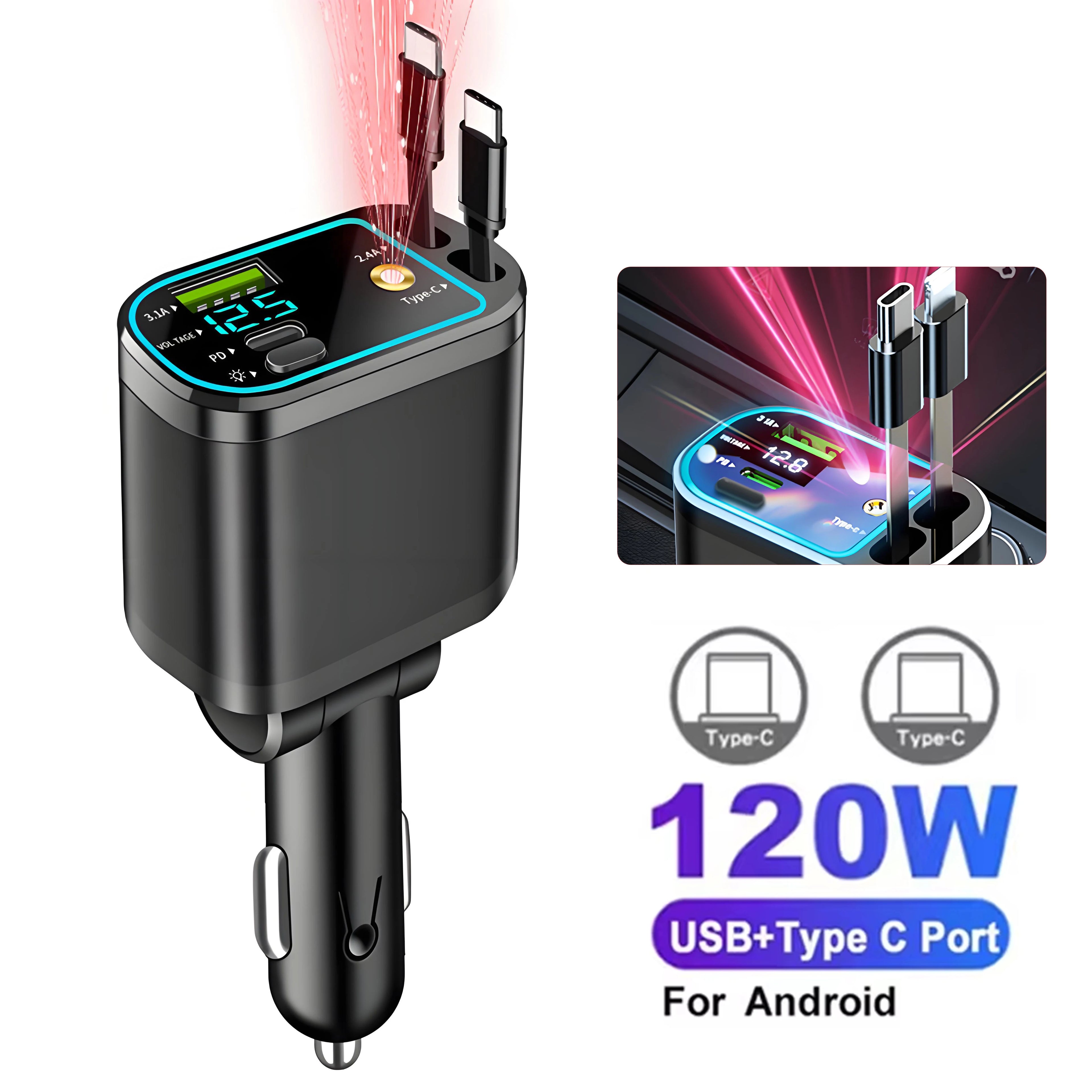 150W Car Charger PD30W Car Cigarette Lighter Adapter Voltage Display With Retractable Cable Fast Charger 22.5W For IOS Android