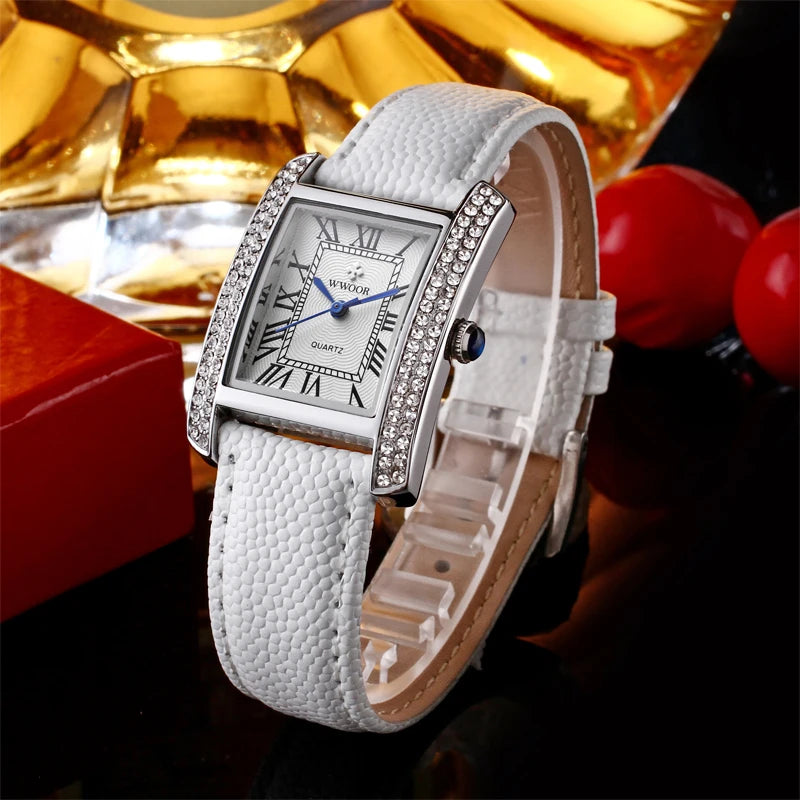 WWOOR Elegant Women's Watches Square Diamond Ladies Watch Waterproof Luxury Brand Leather Quartz Bracelet Watches Zegarek Damski