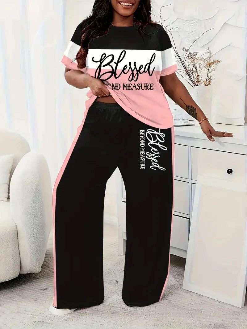 Plus Size Women's Casual Short-Sleeved Striped Printed Loose Pocket Pants Suit