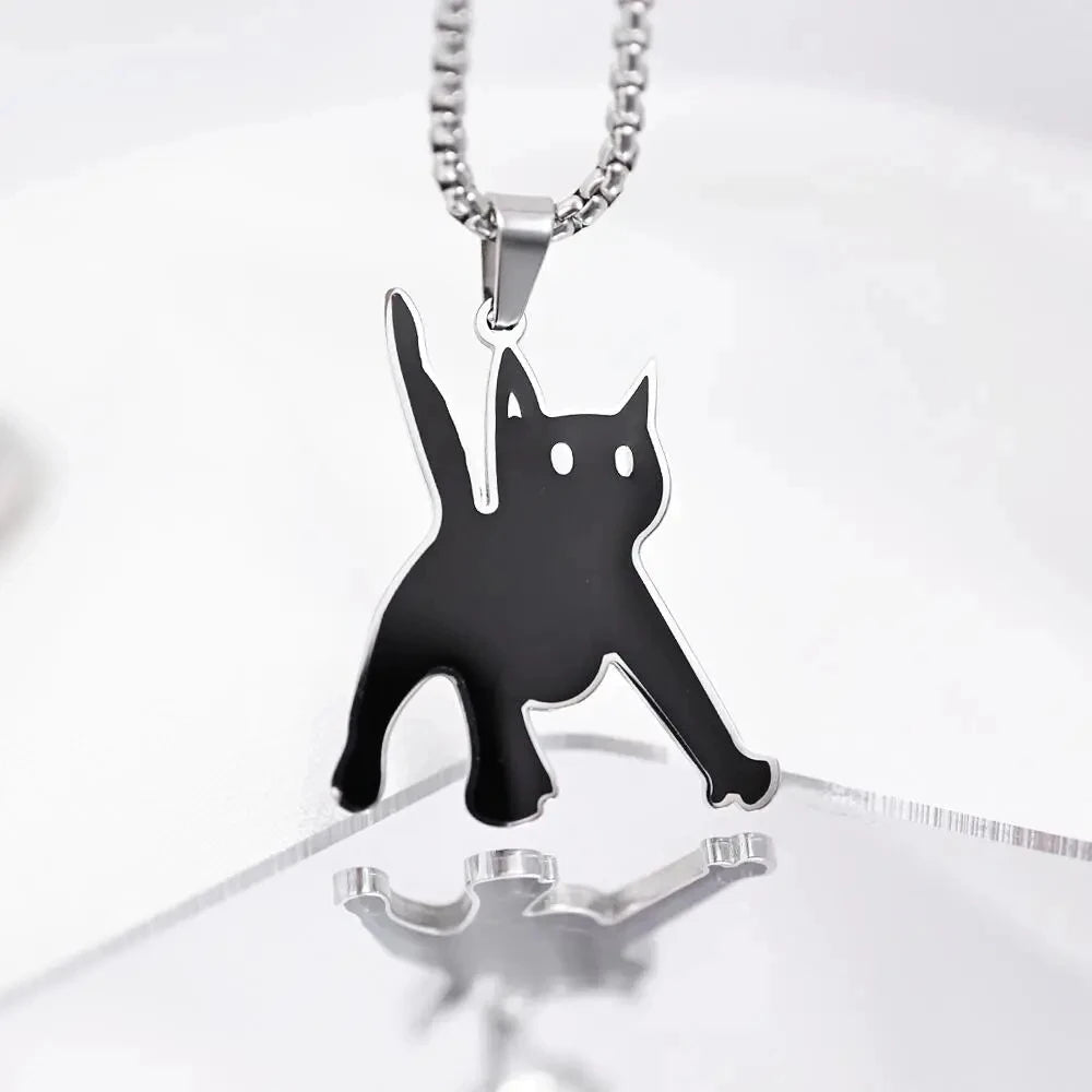 Scared Black Cat Pendant Necklace | Titanium Steel K-Pop Fashion Chain for Men & Women