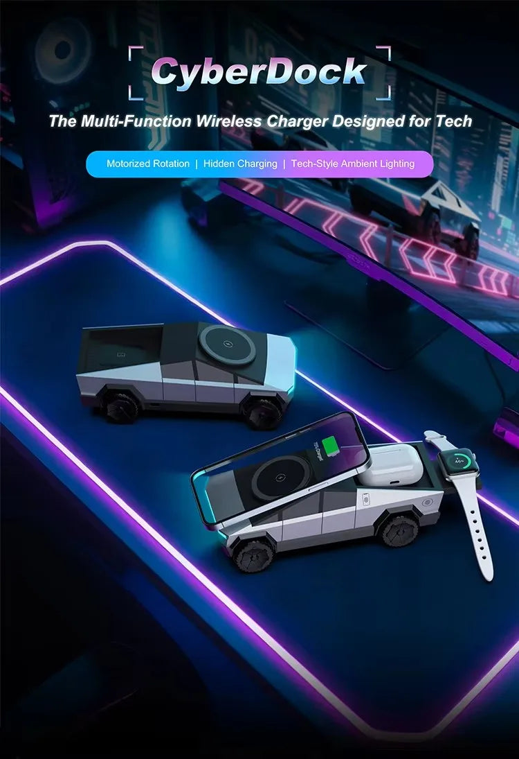 CyberDock Qi2 3-in-1 Wireless Charging Station — Desktop Stand for iPhone, AirPods & Watch