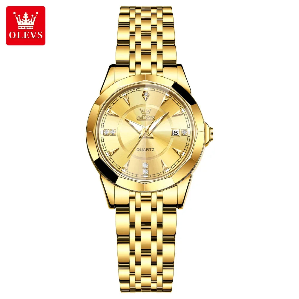 OLEVS 9977 Women's Quartz Watch Rhombus Mirror Waterproof Stainless Steel Elegant Luxury Ladies Hand Clock