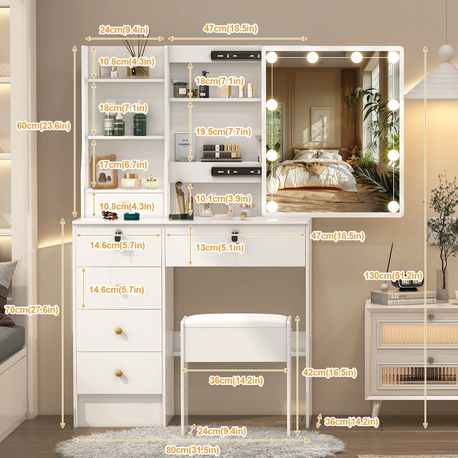 Lighted Vanity Desk Dressing Table Dresser Desk With Stool Set LED Makeup Mirror