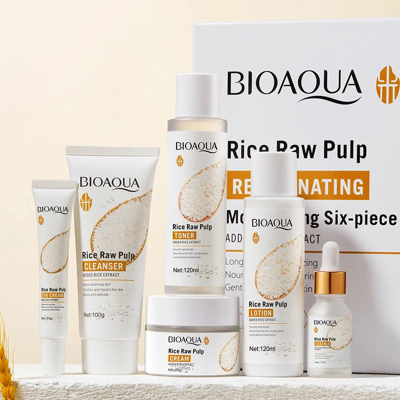 BIOAOUA Rice Puree Rejuvenating and Moisturizing six-piece Set Whitening Firming Anti-aging Beauty Facial Skincare Set