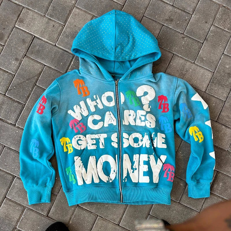 Y2K trendy letter pattern loose casual comfortable hooded zipper retro hoodie jacket top unisex