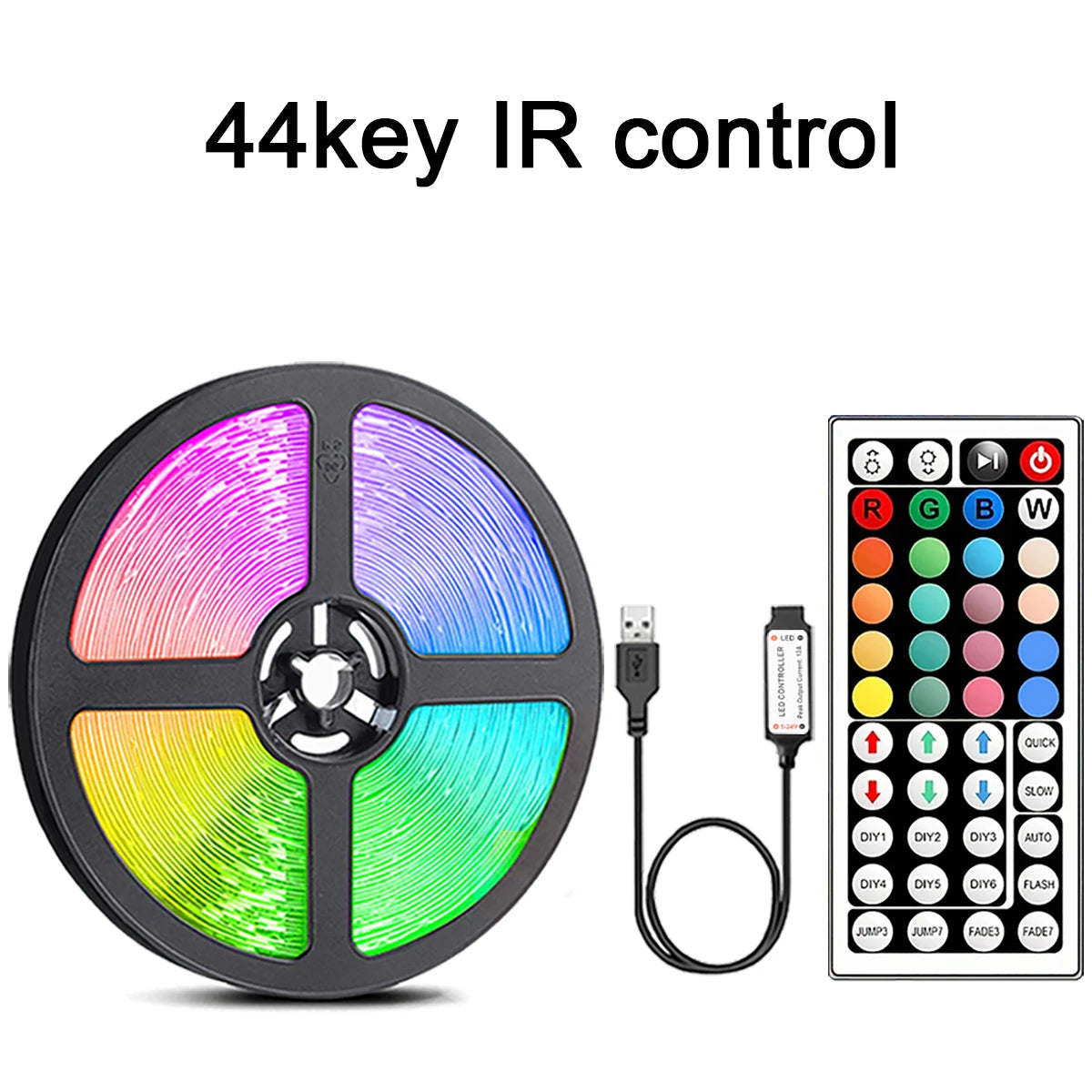 RGB LED Strip Lights with 44-Key Remote Control (1m–20m) – Color-Changing Tape Light for Bedroom, Living Room, Party, or TV Backlight
