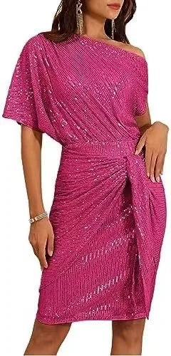 Ladies Trimmed Shiny Party Club Shoulder Folds Toast Dress Fashion Dress
