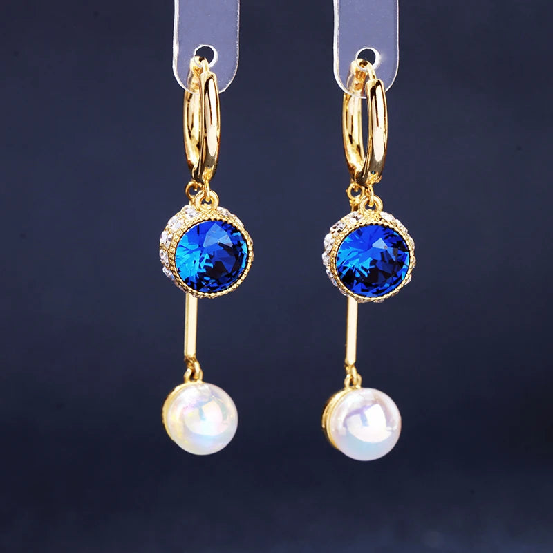 Crystal & Pearl Drop Earrings | Gold-Plated Brass Dangle Jewelry for Women