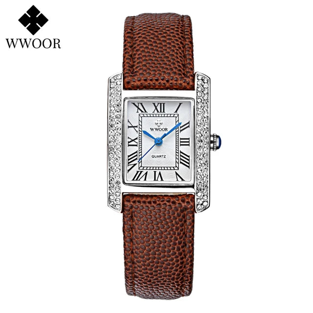 WWOOR Elegant Women's Watches Square Diamond Ladies Watch Waterproof Luxury Brand Leather Quartz Bracelet Watches Zegarek Damski