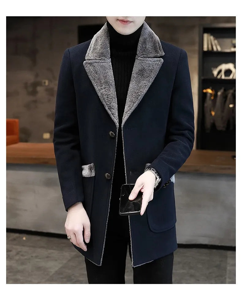 2025 Winter Men Plush Jacket Turn Down Collar Pocket Male Coat Single-breasted Long Sleeve Mid Length Business Man OverCoat