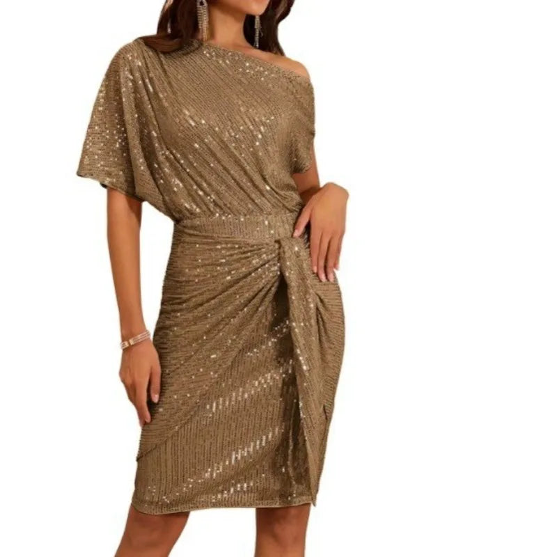 Ladies Trimmed Shiny Party Club Shoulder Folds Toast Dress Fashion Dress