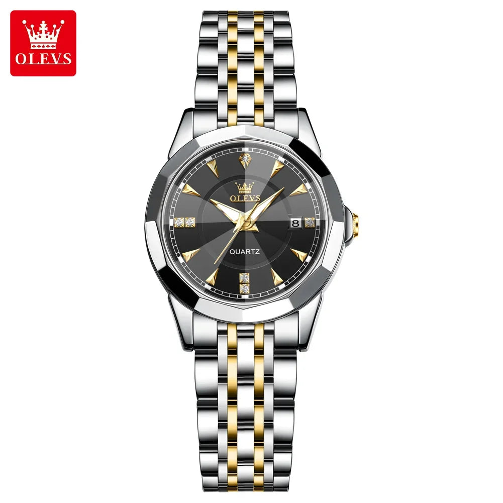 OLEVS 9977 Women's Quartz Watch Rhombus Mirror Waterproof Stainless Steel Elegant Luxury Ladies Hand Clock