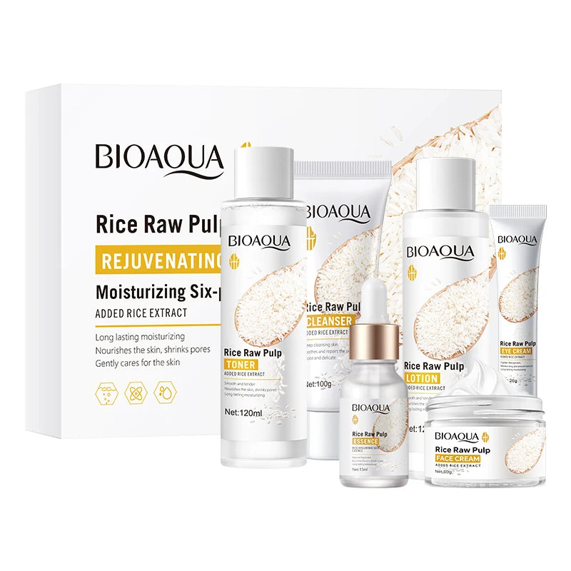 BIOAOUA Rice Puree Rejuvenating and Moisturizing six-piece Set Whitening Firming Anti-aging Beauty Facial Skincare Set
