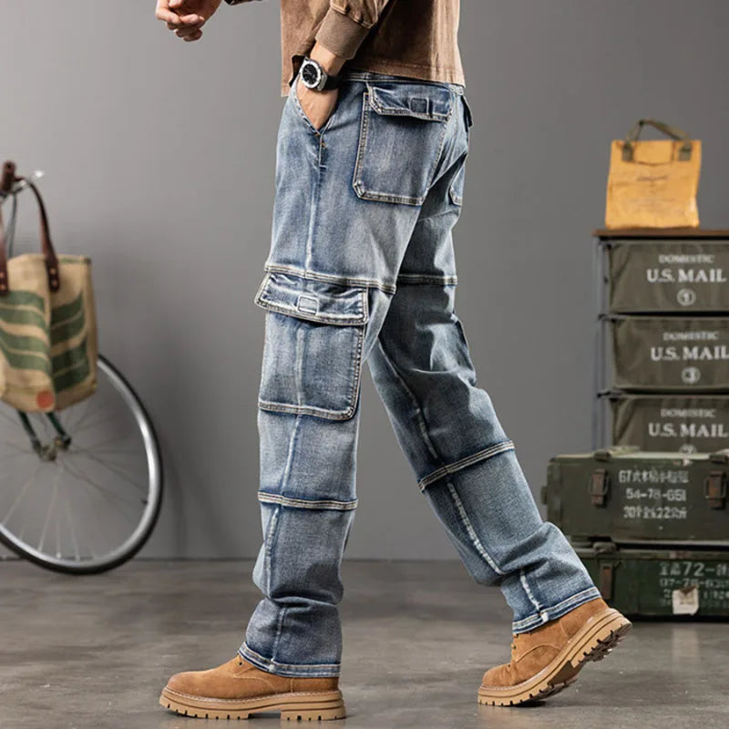 Autumn New Styles Outdoor Men'S Wide Leg Jeans Workwear Multi-Pocket Straight Pents Baggy Jeans Plus Size Tapered Jeans