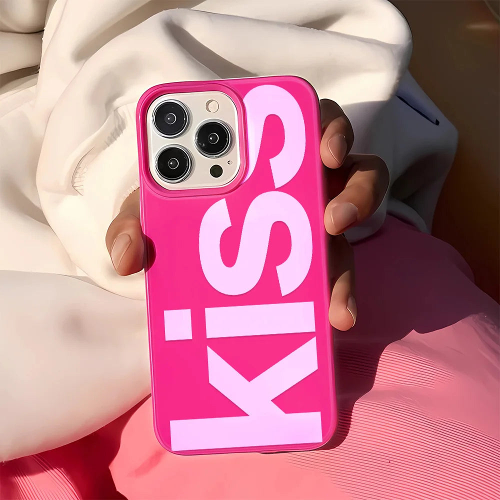 Personalized English Letters Kiss Phone Case For iPhone 16 15 14 13 12 11 Pro Max 16E XR X XS Max 7 8 Plus INS Simple Soft Cover