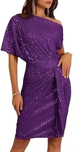 Ladies Trimmed Shiny Party Club Shoulder Folds Toast Dress Fashion Dress