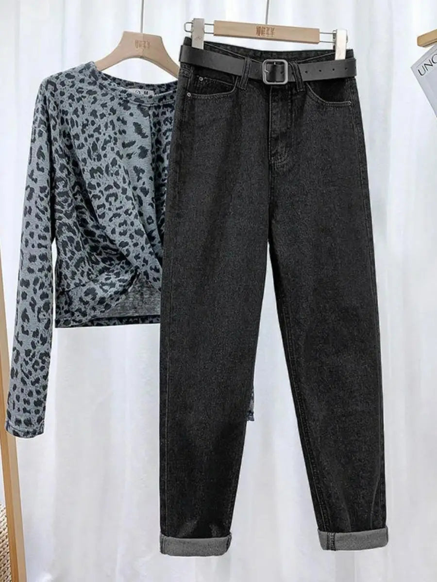 Women's Fce Lined High Waist Straight Leg Jeans Thiened Warm Nine Point Harlan Dad Pants Slimming Tapered Cuffed Ankle