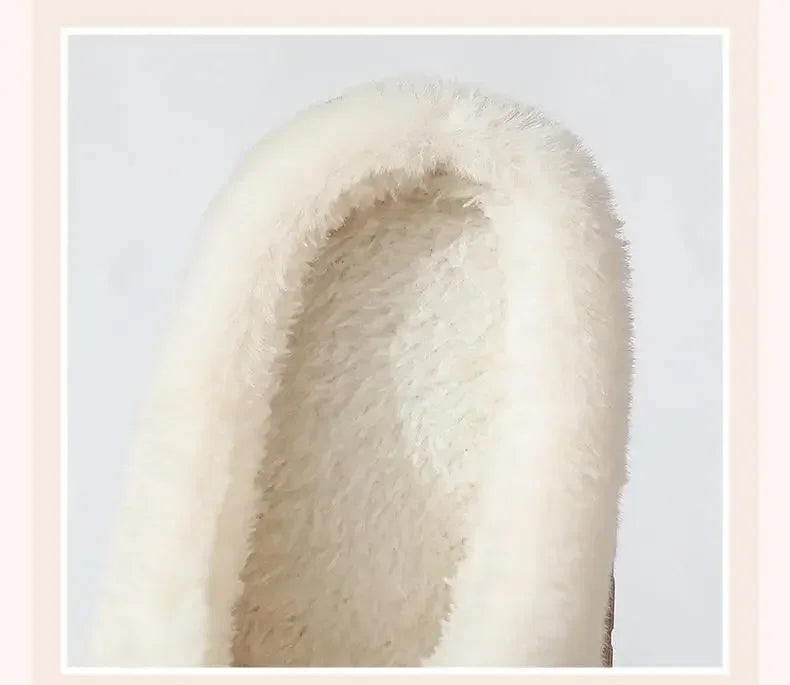 Women's plush slippers winter outdoor, thick sole non-slip fur flip flops with fur collar, warm unisex house shoes for home use