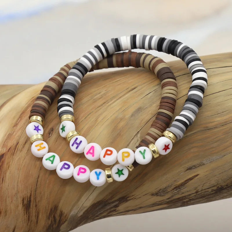 Multicolor Clay Beaded Letter Bracelet | Custom Friendship & Love Boho Jewelry